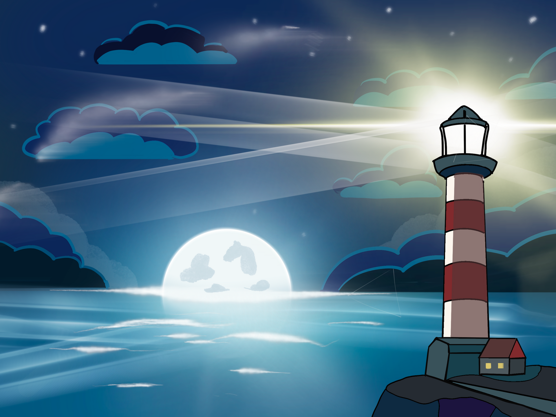 A lighthouse in the middle of the ocean at night with a full moon in the background.