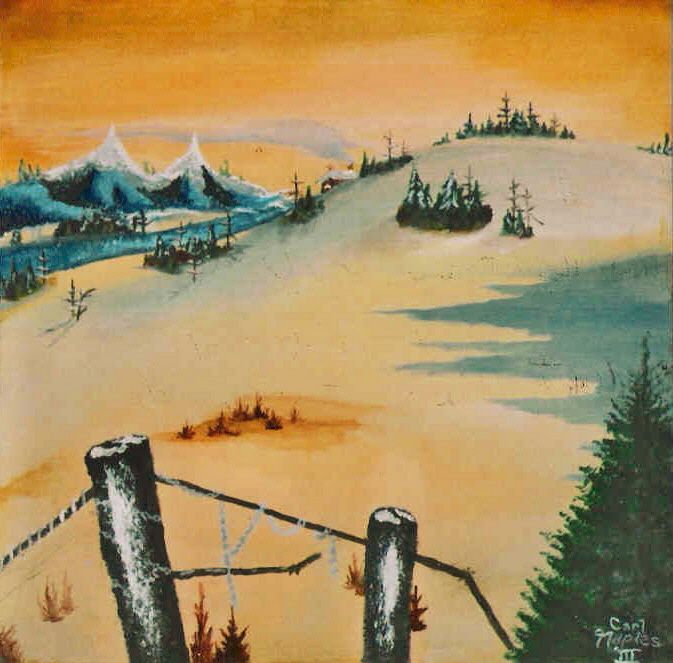 A painting of a landscape with a barbed wire fence in the foreground