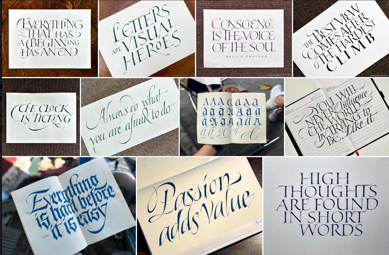 A collage of hand lettered cards including one that says high thoughts are found in short words