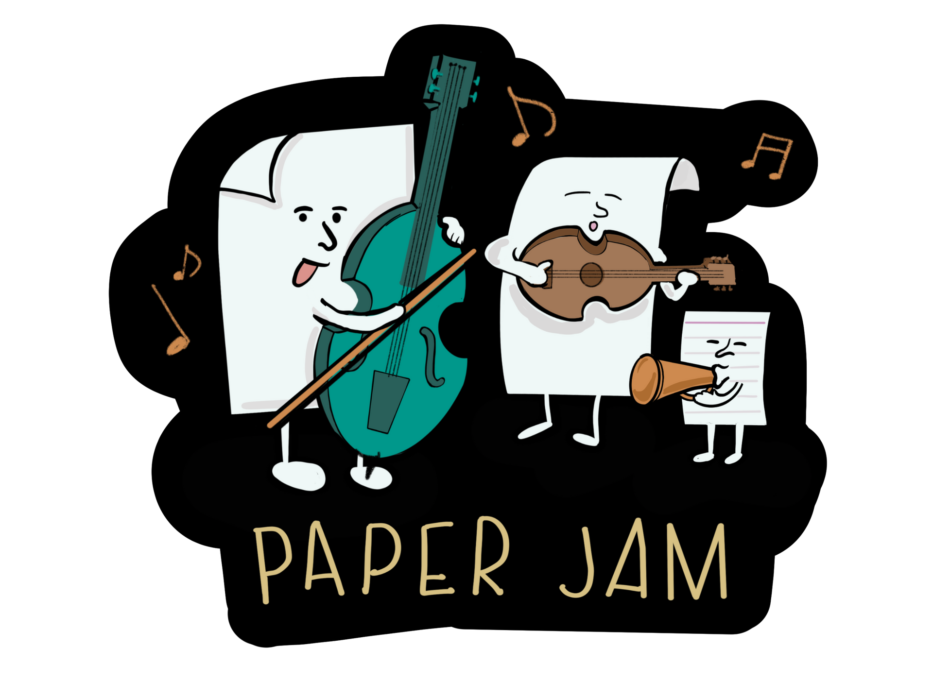 Re-creation of unknown artist's original work found on Pinterest: paper jam logo with a cello, violin and a trumpet