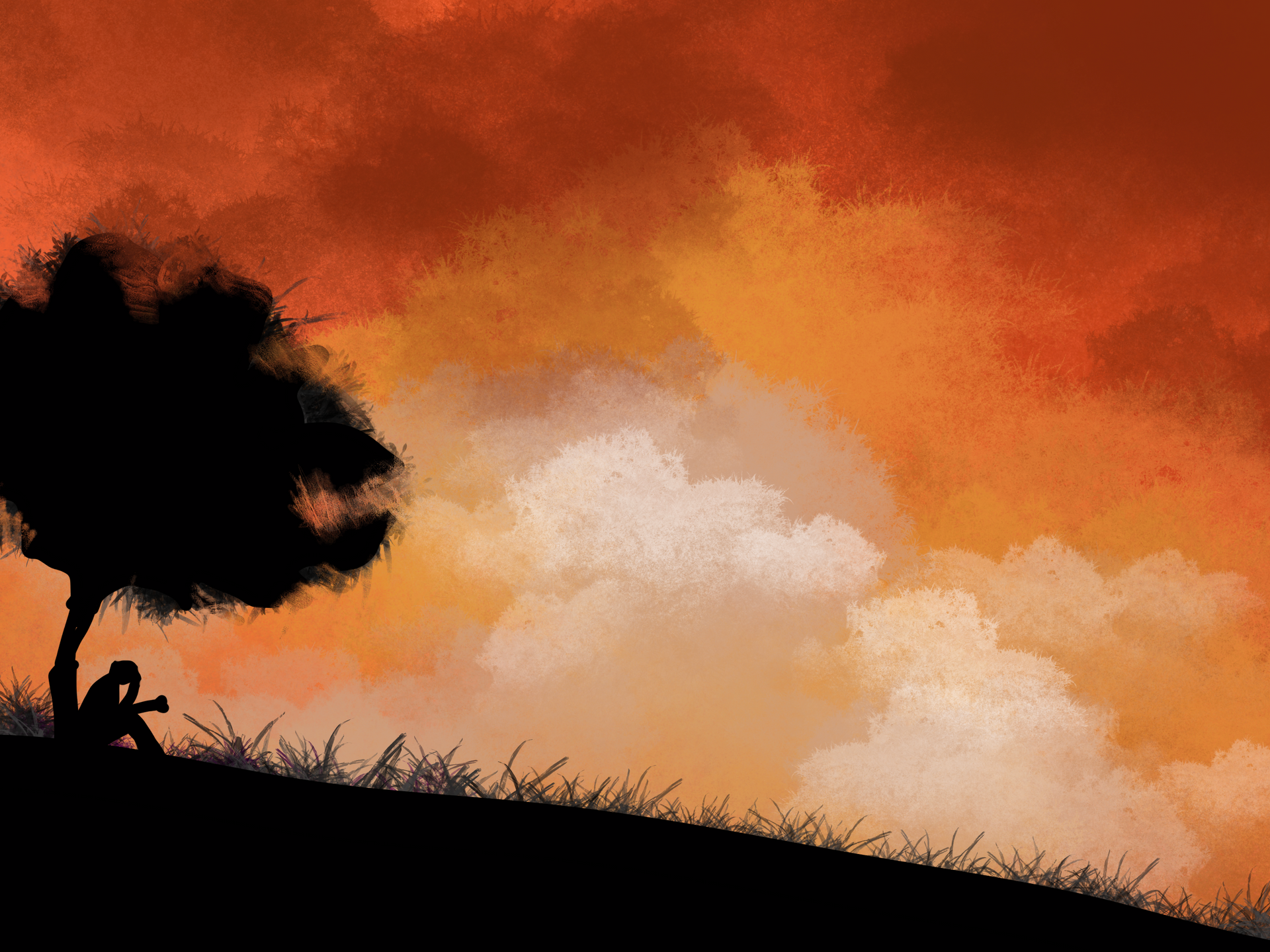 A person is sitting under a tree on a hill at sunset.