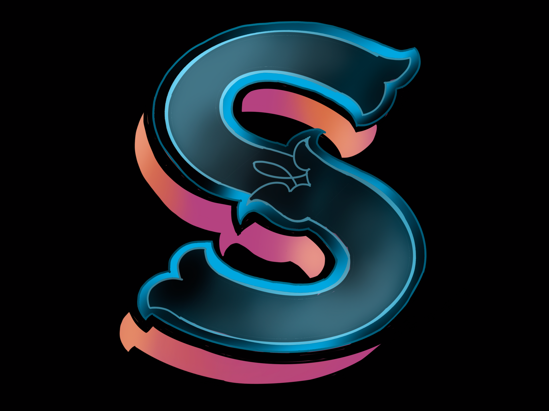 A colorful letter s on a black background
