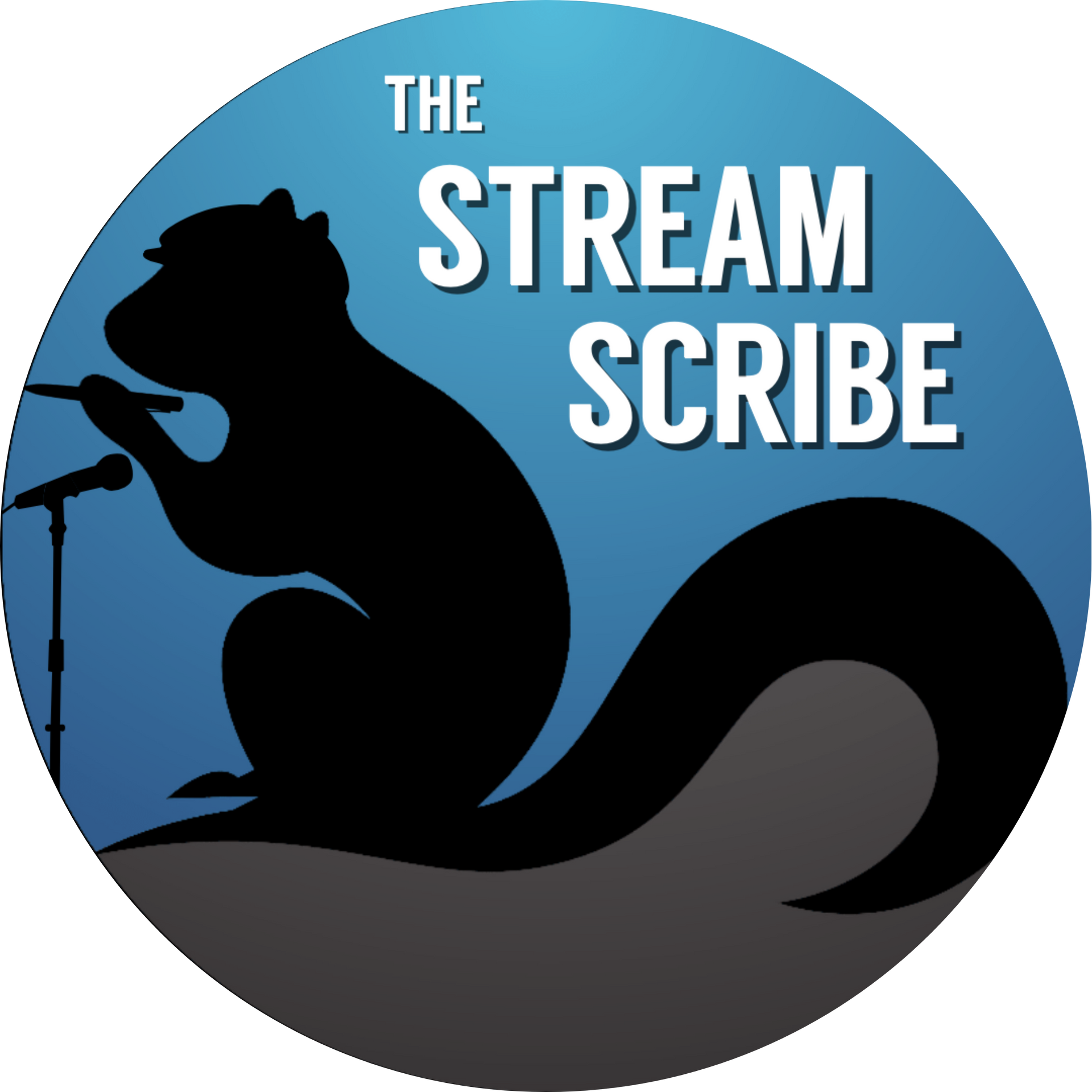 A logo for the stream scribe with a squirrel singing into a microphone
