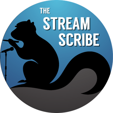 A logo for the stream scribe with a squirrel singing into a microphone