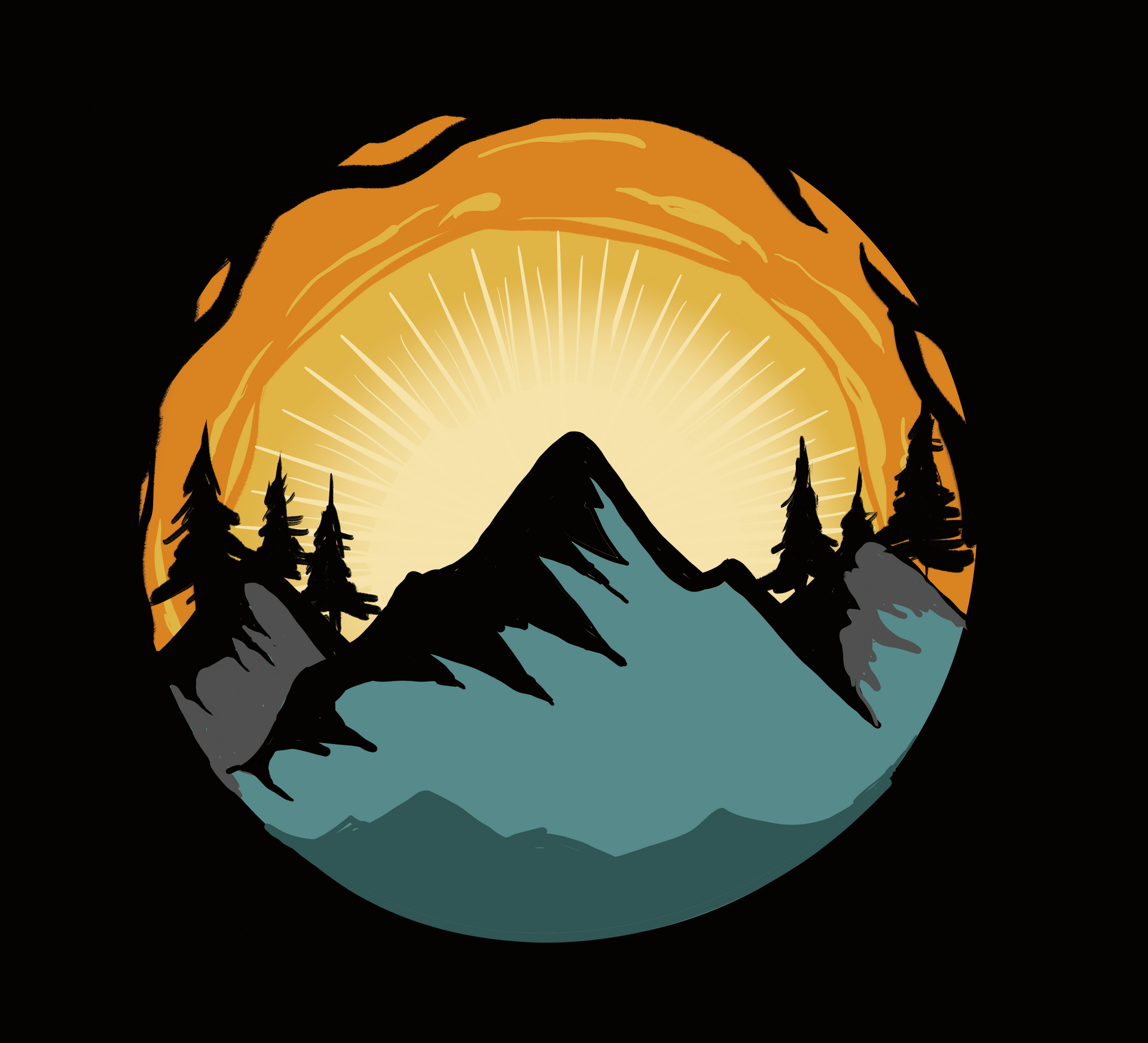 The sun is shining through the trees and mountains in a circle.