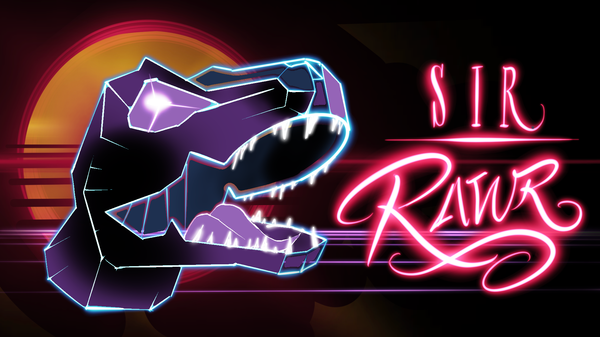 A neon sign with a dinosaur head and the words sir rawr