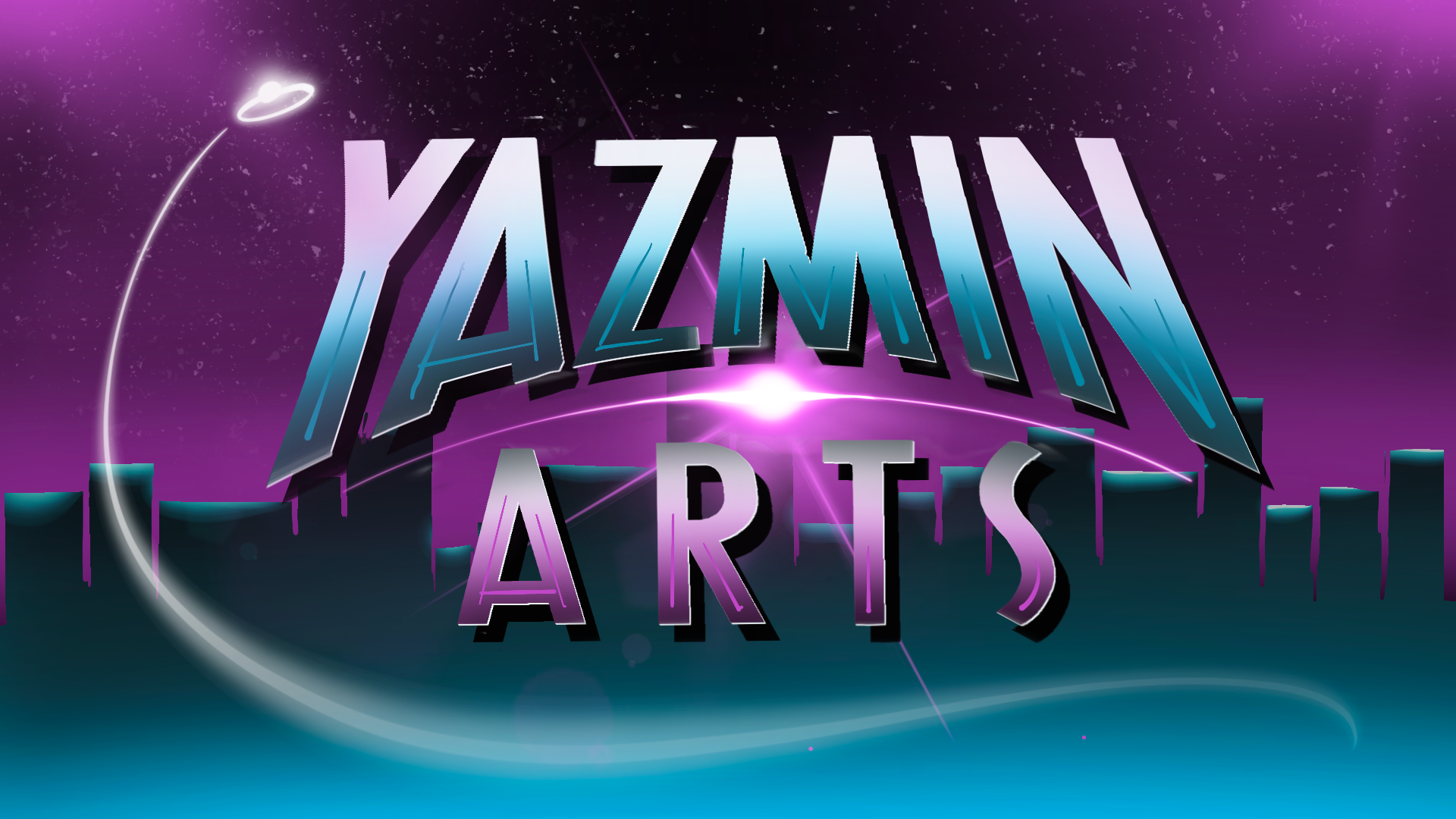A logo for yazmin arts with a city skyline in the background