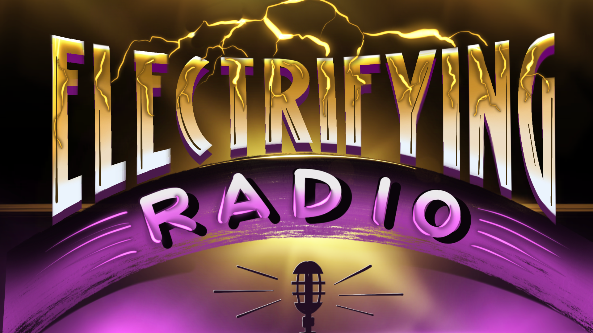 A purple and gold logo for electrifying radio