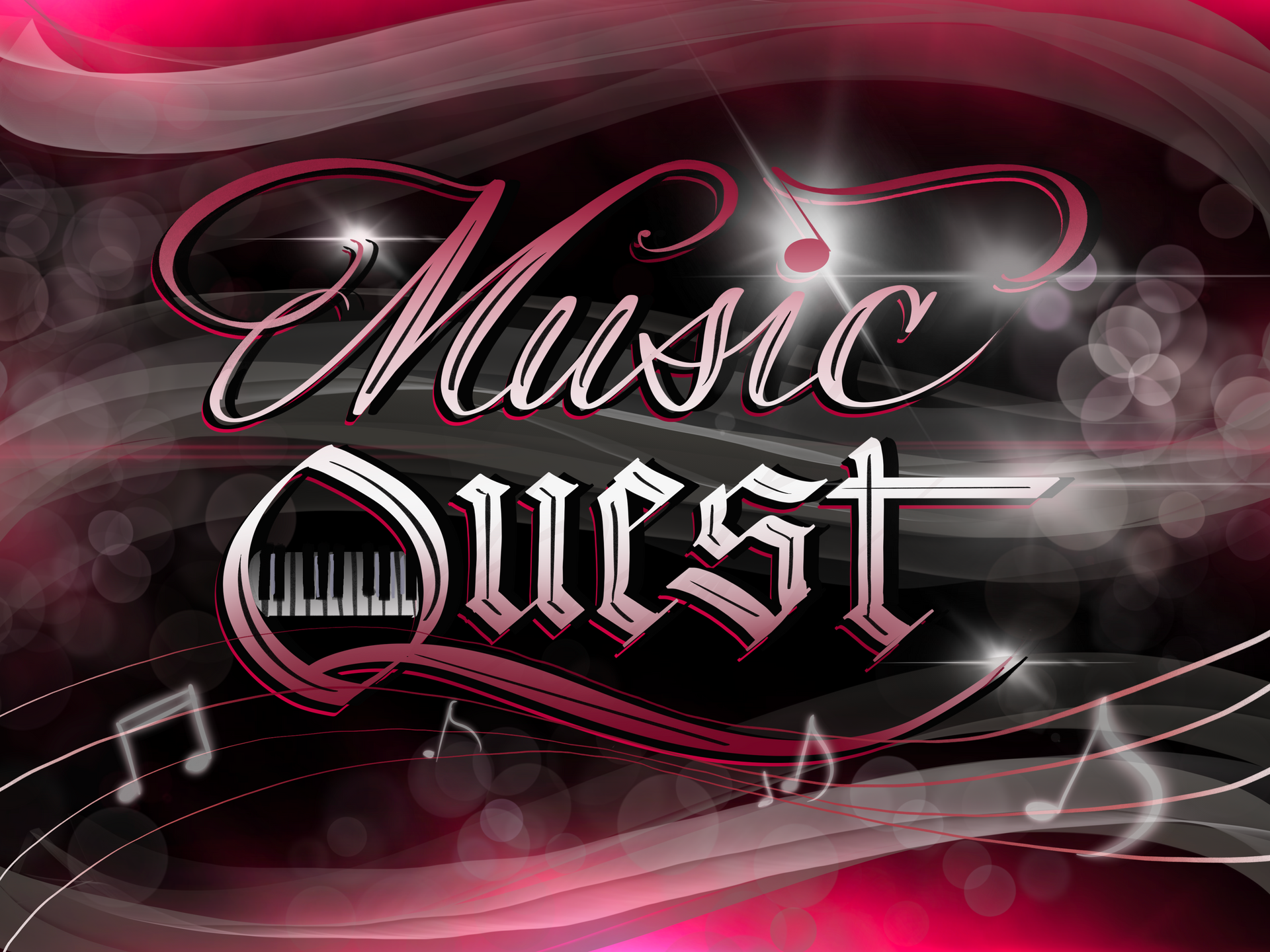 A music quest logo with a piano keyboard in the background