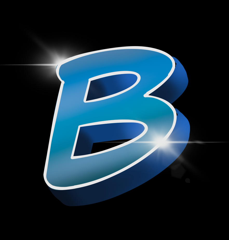 A blue letter b on a black background