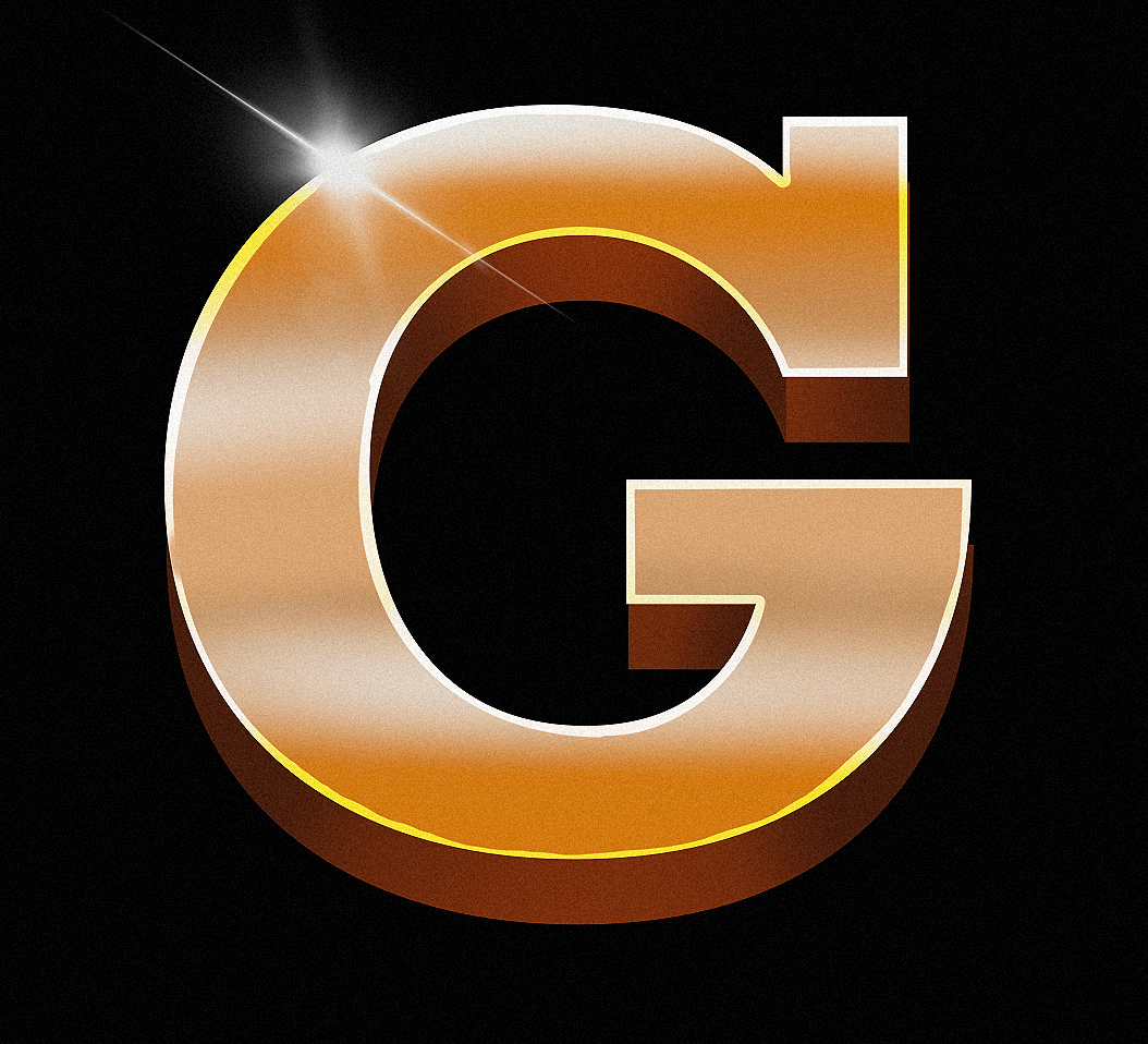 A gold letter g on a black background