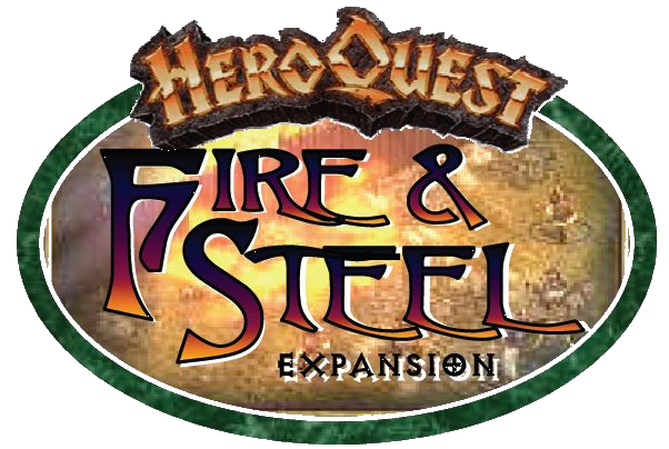 The logo for heroquest fire & steel expansion