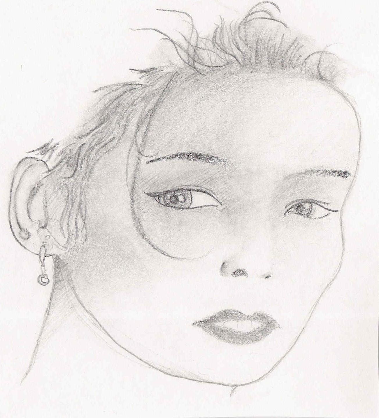 A black and white drawing of a woman 's face