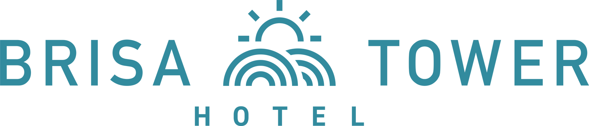 Logotipo do Brisa Tower Hotel, com um sol acima das ondas do mar, texto abaixo.