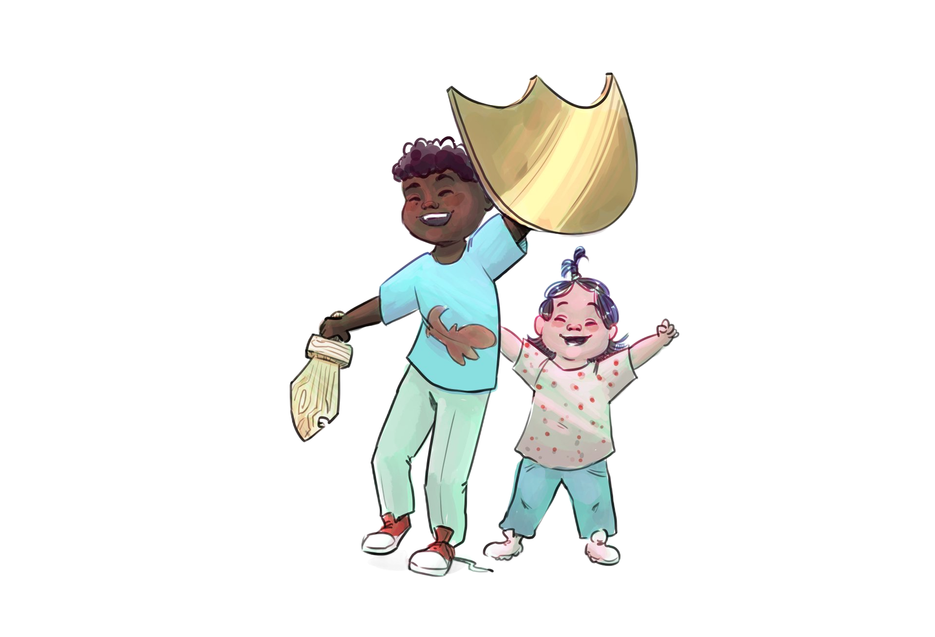 Twee kinderen: de ene houdt een gouden schild vast, de andere heft vol vreugde zijn armen omhoog.