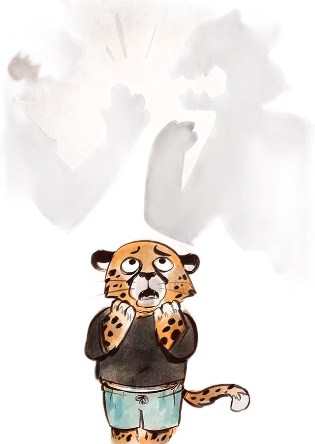 Het jachtluipaardjong kijkt angstig toe hoe twee boze schaduwen met gebalde vuisten boven hem opdoemen.