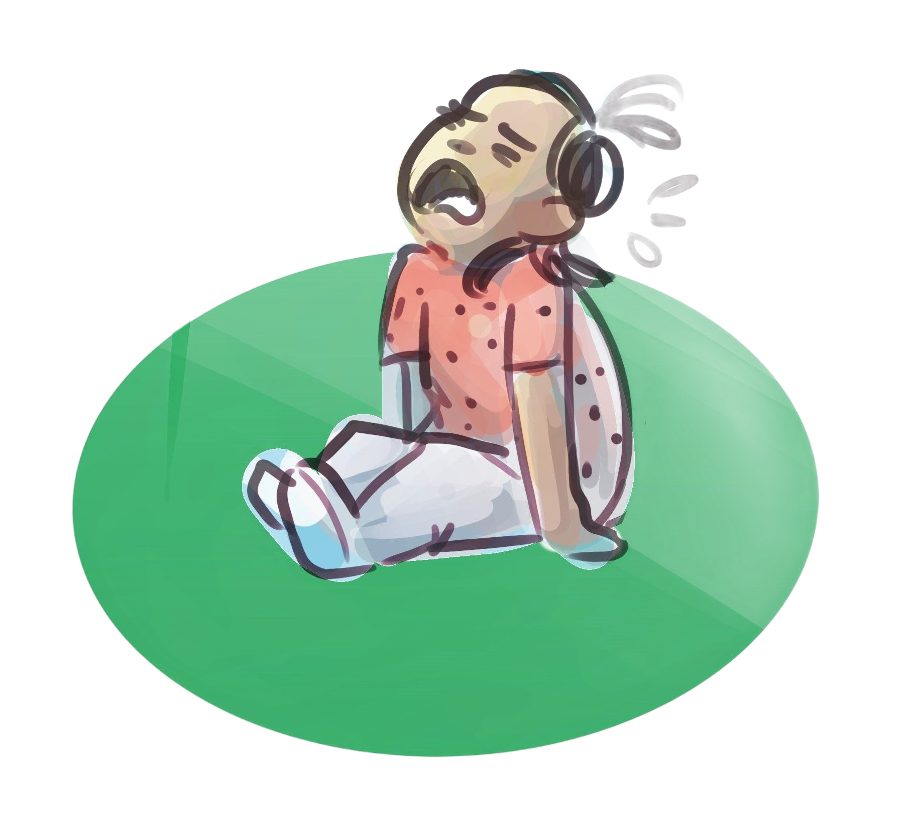 Een stripfiguur zit er verdrietig bij. Tranen en stoom komen uit een koptelefoon.