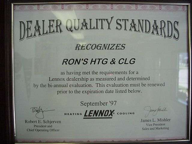 Dealer Quality Standards Certificate — Dennison, OH — Ron’s Heating & Cooling