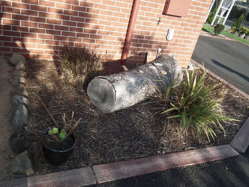 A large log is sitting in a garden in front of a brick building.