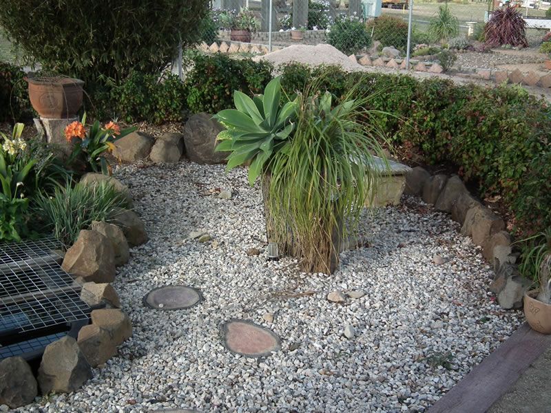 A garden with rocks and plants surrounding it