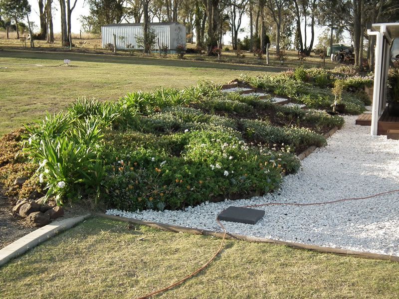 A garden filled with lots of plants and white gravel