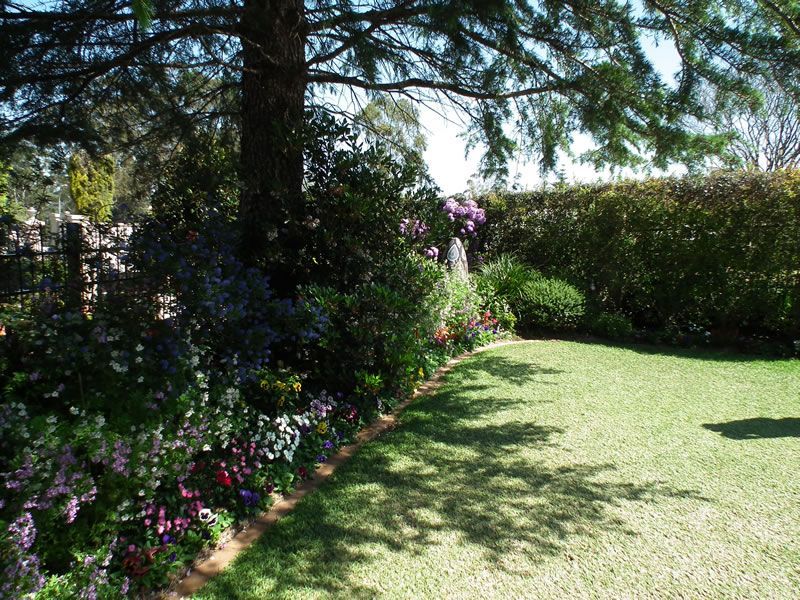 A lush green lawn surrounded by trees and flowers