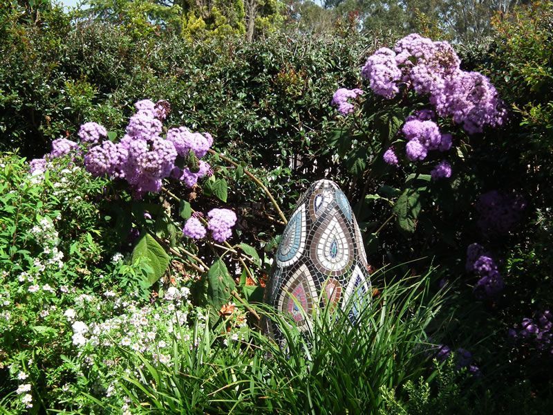 A garden with purple flowers and a stone in the foreground