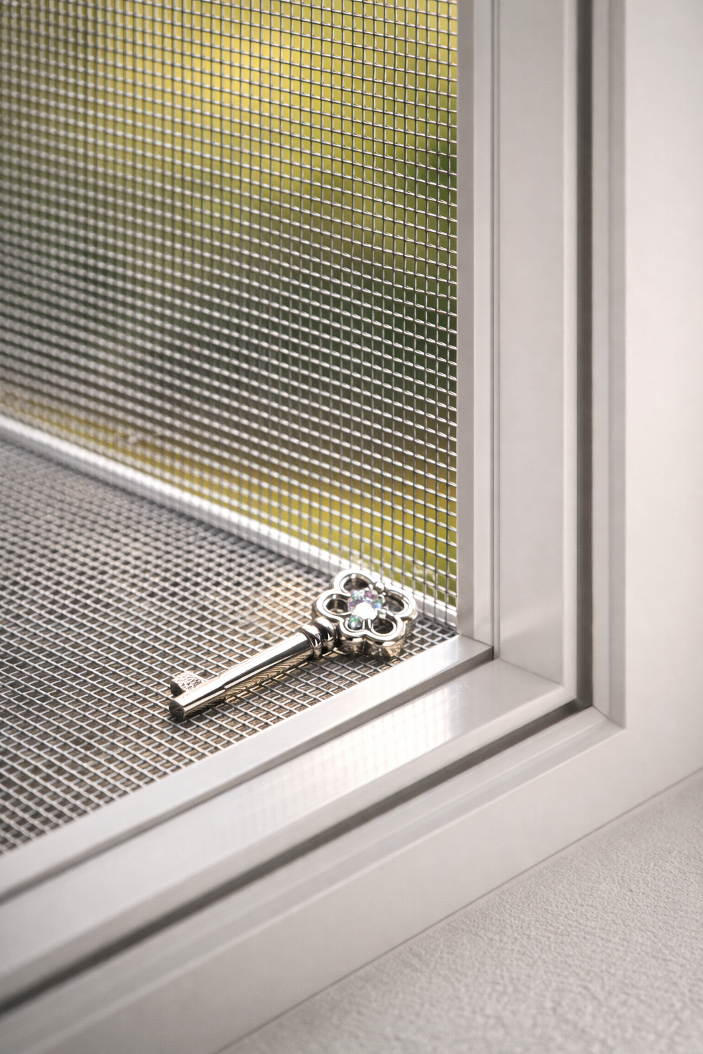 Decorative key resting on a window screen, white frame. Background shows out-of-focus green foliage.