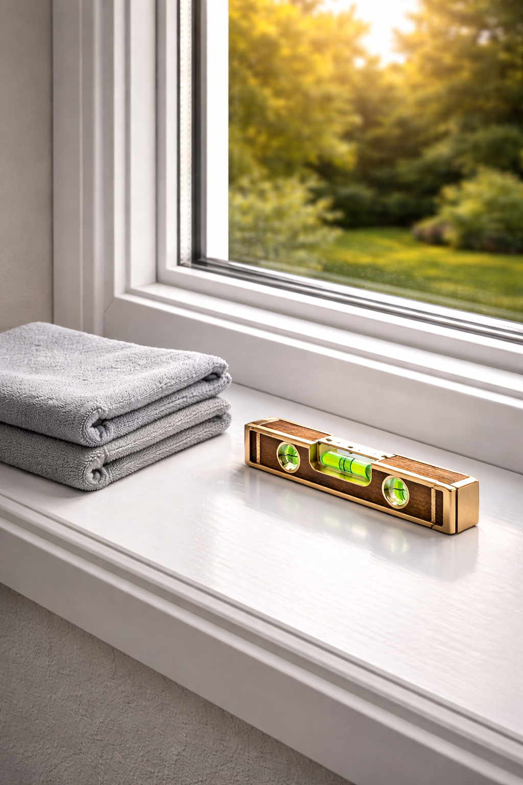 White windowsill with a gold level and folded gray towels, bright window with green trees in the background.