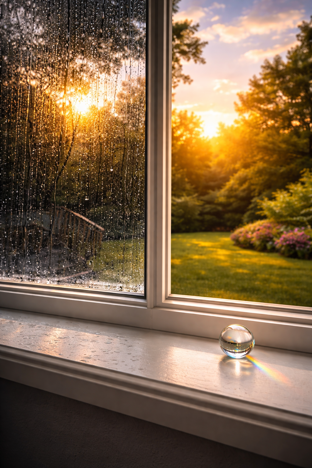 Split window shows rain-streaked side and sunny garden with a crystal ball on the windowsill reflecting light.