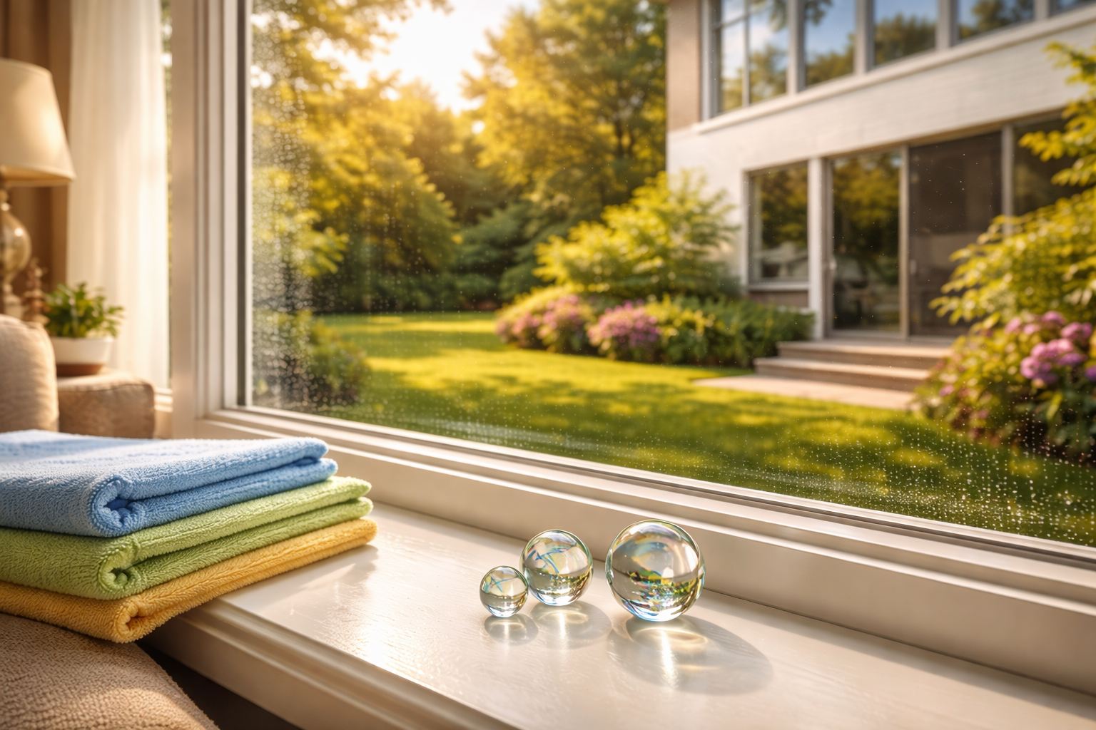 Window sill with folded towels, glass orbs, overlooking a sunny garden and modern house.
