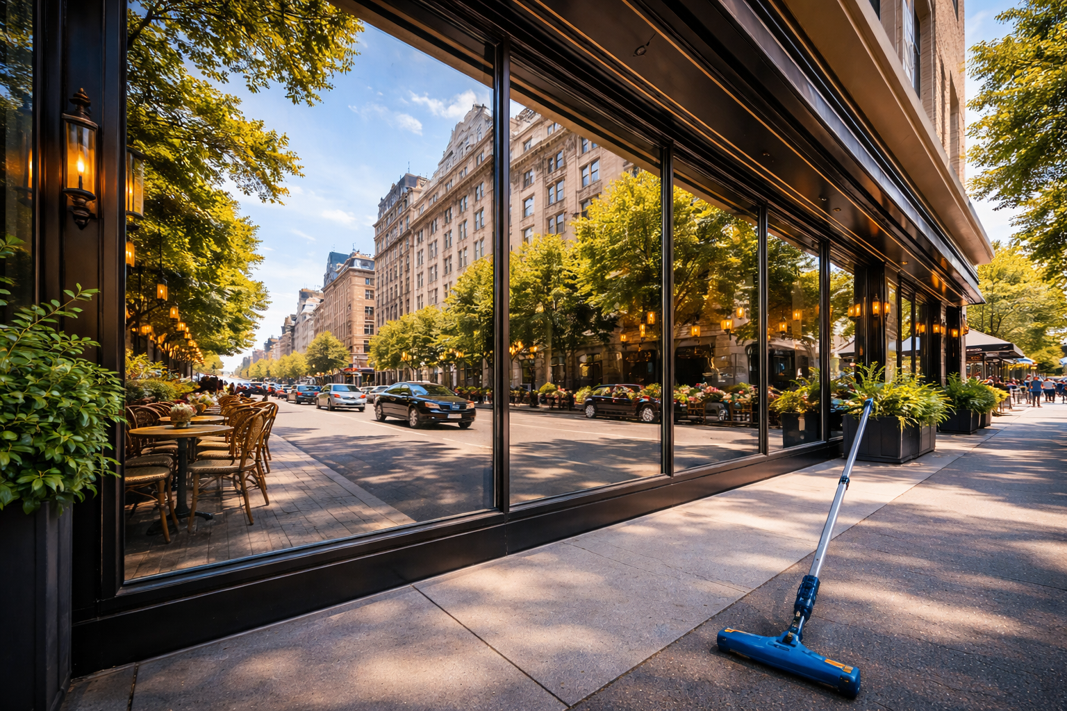 Exterior of a restaurant with a reflective window showcasing a city street scene. A broom rests against the glass.