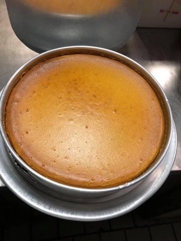 A close up of a cheesecake in a pan on a plate.