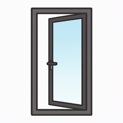A cartoon illustration of an open door with a glass window.