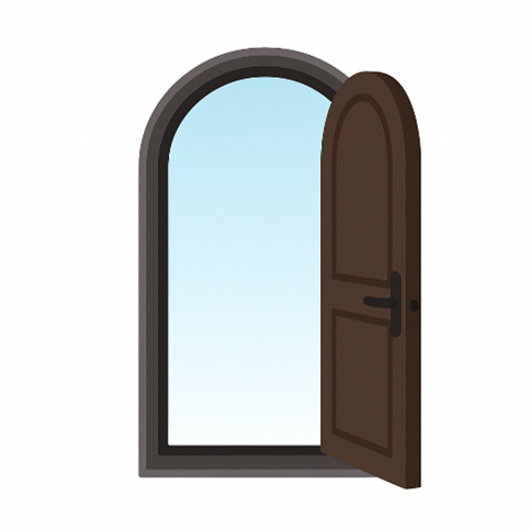 A cartoon illustration of an arched window with an open door.