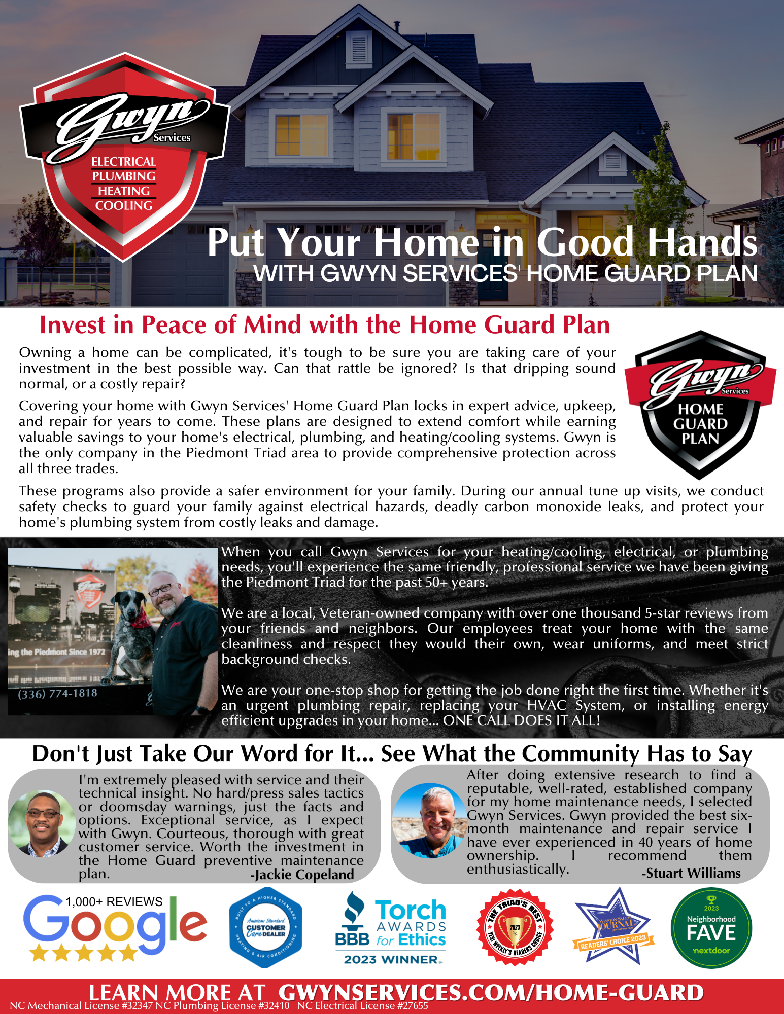 Information on the Gwyn Services Home Guard Plan, a service agreement plan for residential plumbing, electrical, heating, and cooling customers. 