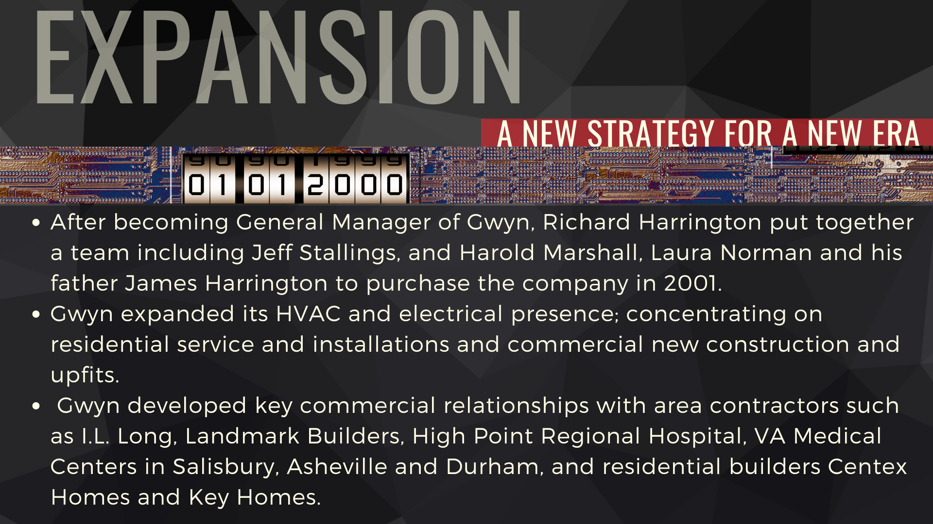 After becoming General Manager of Gwyn, Richard Harrington put together a team including Jeff Stallings, and Harold Marshall, Laura Norman and his father James Harrington to purchase the company in 2001.
Gwyn expanded its HVAC and electrical presence; concentrating on residential service and installations and commercial new construction and upfits.