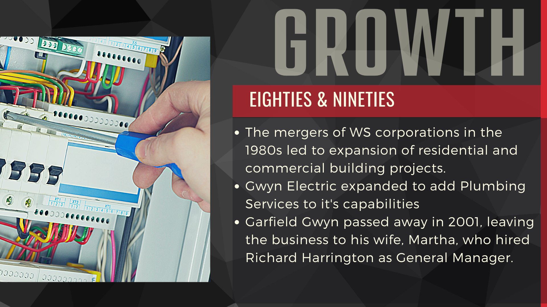 The mergers of WS corporations in the 1980s led to the expansion of residential and commercial building projects.
Gwyn Electric expanded to add Plumbing Services to its capabilities