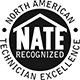 A black and white logo for north american nate recognized technician excellence.