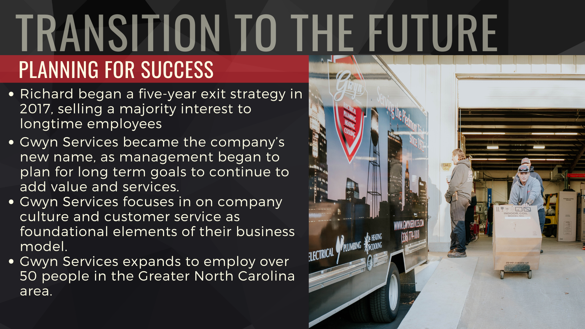 Gwyn Services became the company’s new name, as management began to plan for long term goals to continue to add value and services.
Gwyn Services focuses in on company culture and customer service as foundational elements of their business model.