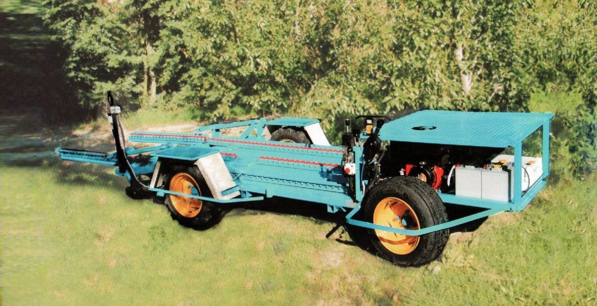 Rimorchio artigianale blu e arancione parcheggiato sull'erba con uno sfondo di foglie.