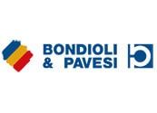 Logo per Bondiolli & Pavesi: design blu, giallo e rosso; nome dell'azienda in testo blu; grafica bianca e blu.