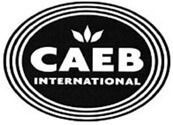 Logo CAEB INTERNATIONAL: ovale nero con testo bianco e simbolo della foglia.