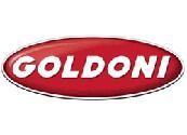 Logo Goldoni in testo bianco su ovale rosso.