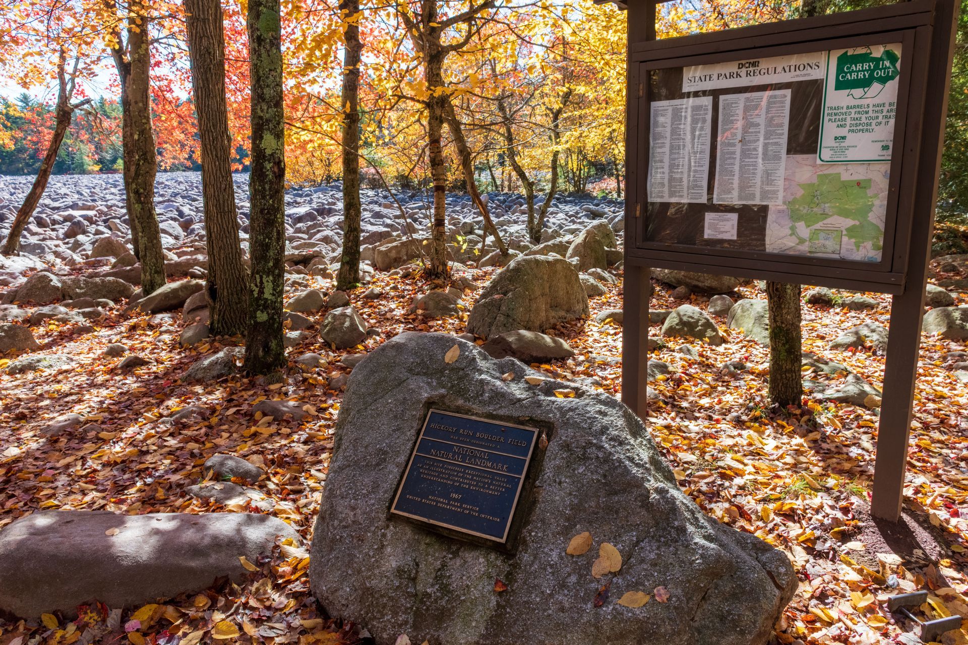 A large rock in the middle of a forest next to a bulletin board.