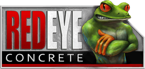 A red eye concrete logo with a frog on it.