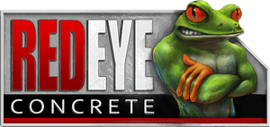 A red eye concrete logo with a frog on it.