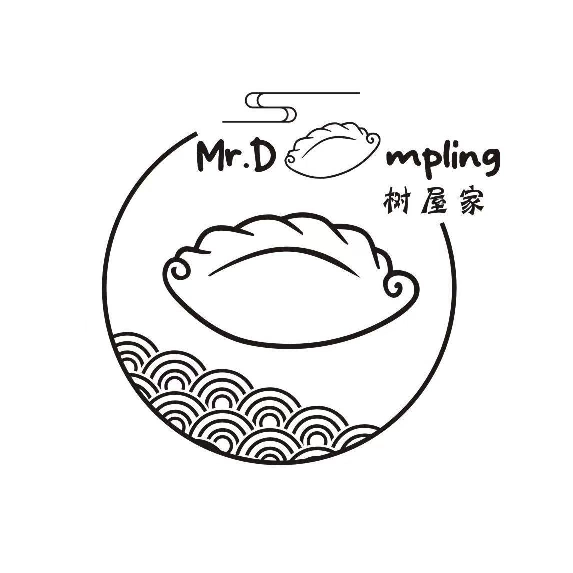 Logo for Mr. Dumpling featuring a stylized dumpling, traditional wave patterns, and Chinese characters in a circular frame.