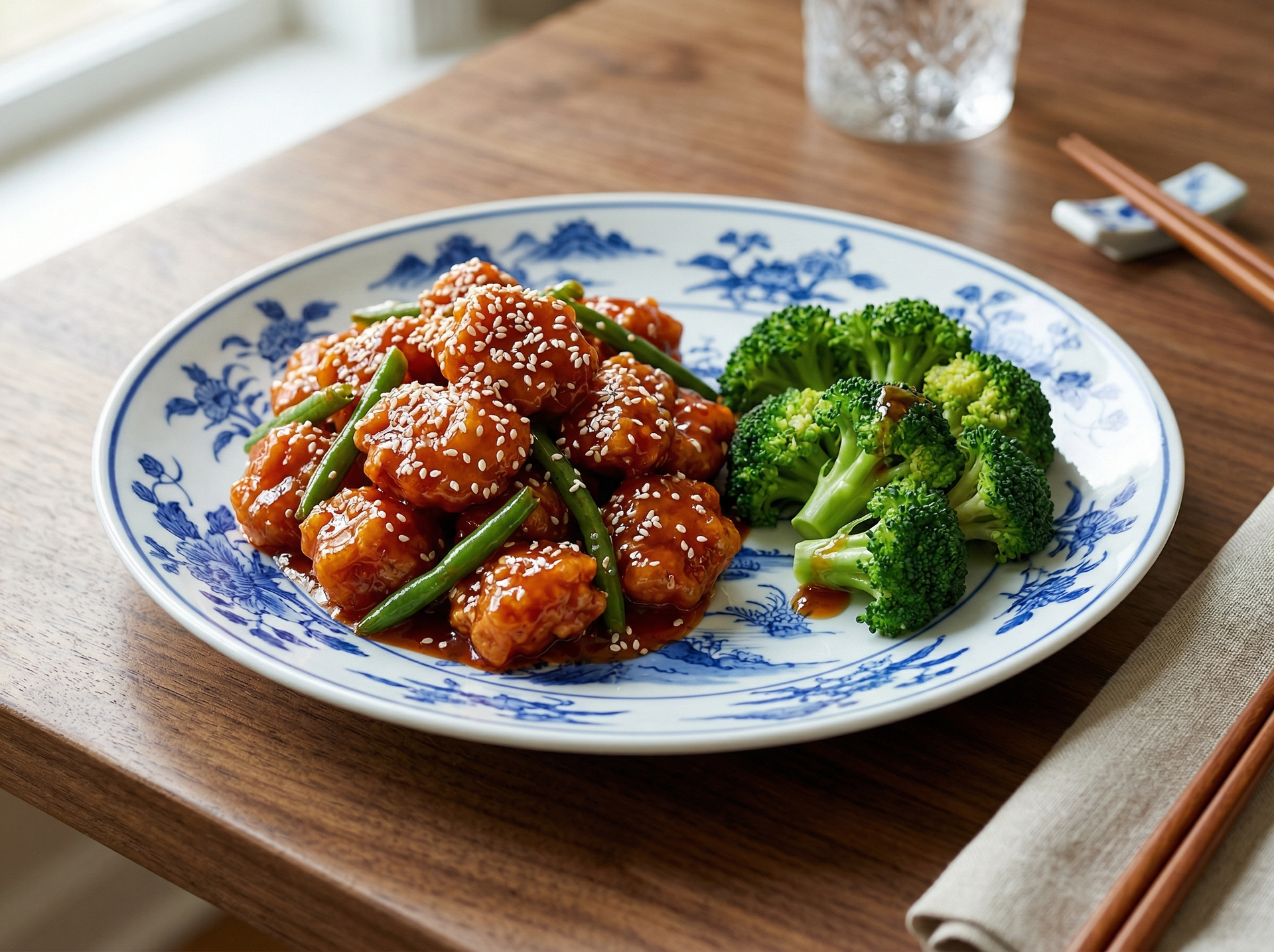 A plate of sesame chicken with green beans and steamed broccoli, served on a blue and white patterned dish on a table.