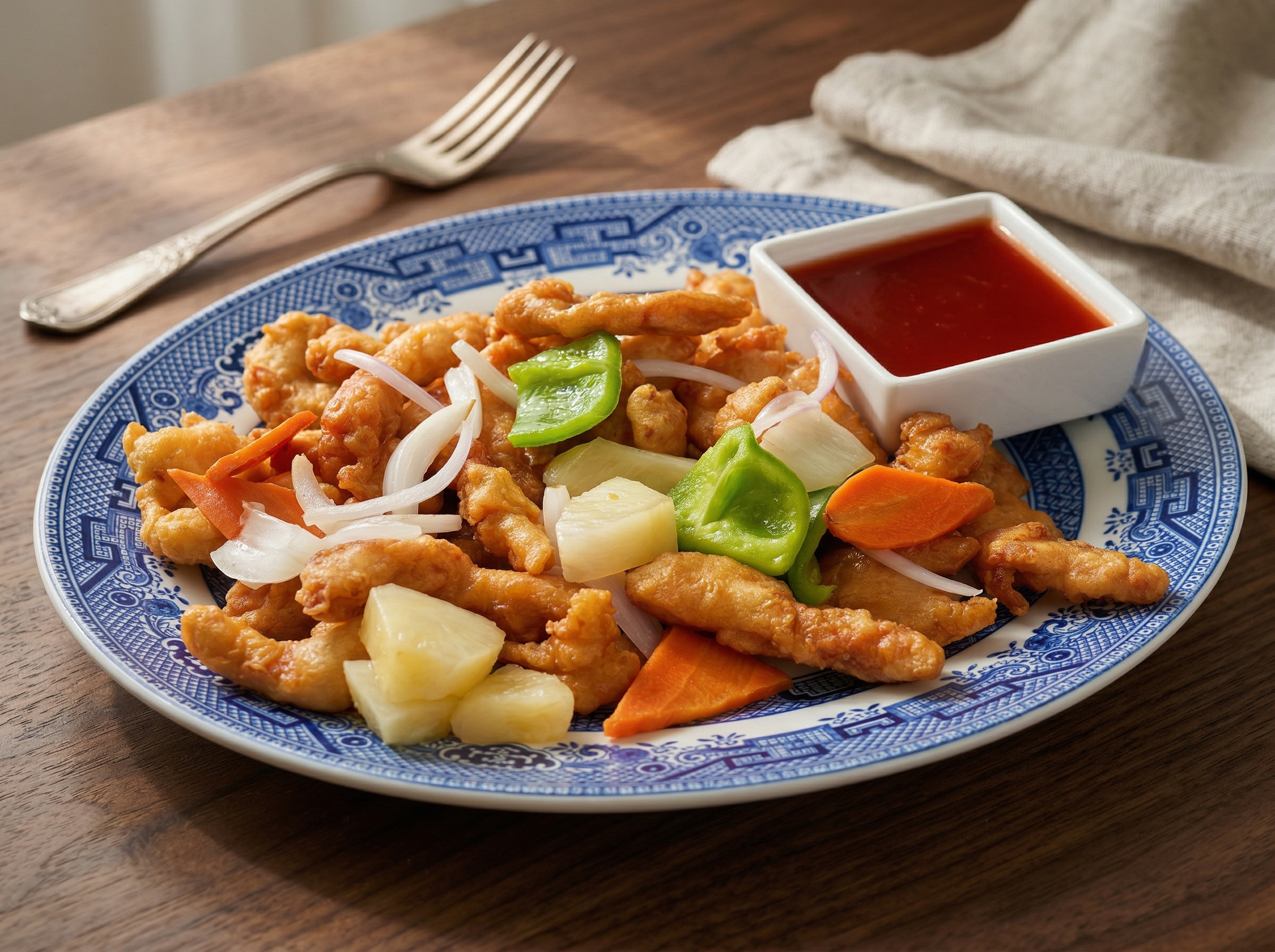 A plate of crispy battered chicken pieces with pineapple, peppers, and onions, served with a side of red dipping sauce.